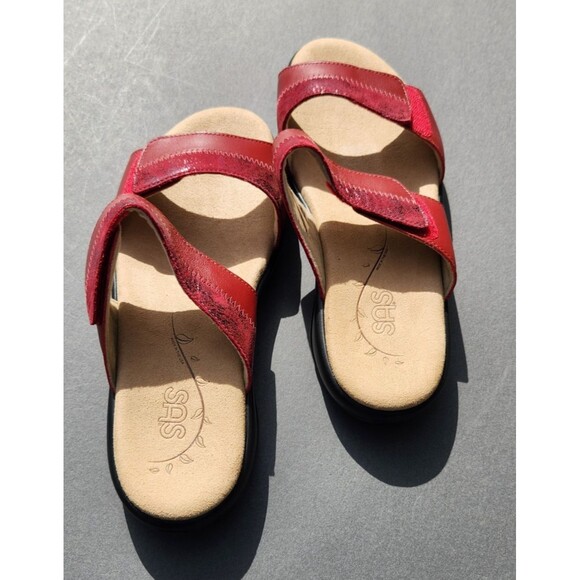 SAS Ruby / Cabernet Red Nudu Leather Sandals Slip On Slides Size 9.5W Adjustable - Picture 8 of 11